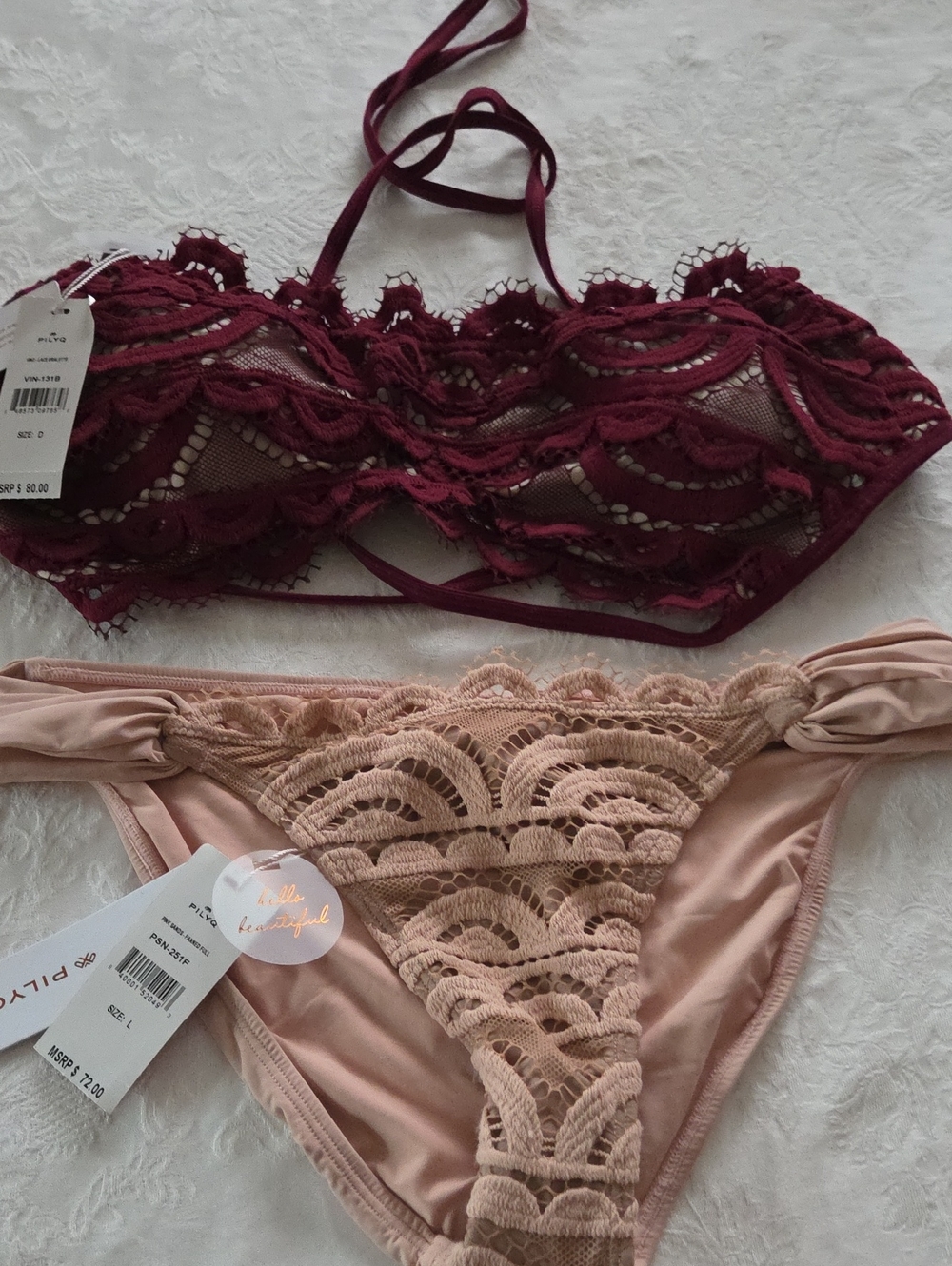 PilyQ Sexy Lace Nude Lined Bikini Top (SizeD) And Bottom (Size L)
